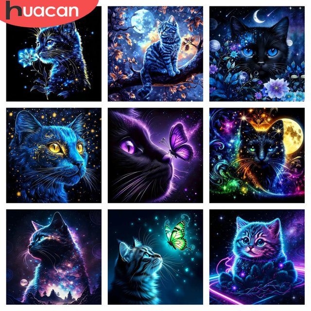 HUACAN Diamant-Mosaik-Set Katze mit schwarzem Schmetterling, DIY Kunsthandwerk für die Wanddekoration, runde Steine, Farbe: Schwarz, B/T/H: 30 x 30 x 30 cm - Bild 1