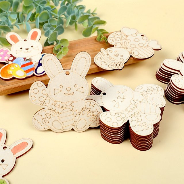 ZQNYCY 10er Set Holz Ostern Ornamente als Kaninchen, Hase und Eier zum Bemalen für Kinder DIY Bastelarbeiten - Bild 1