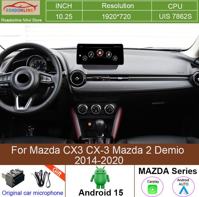 roadonline Android 15 Autoradio mit 10,25 Zoll Display für Mazda CX3 CX-3 und Mazda 2 Demio 2014-2020, Multimedia-Videoplayer mit CarPlay, 4G und WLAN, Schwarz - Bild 1