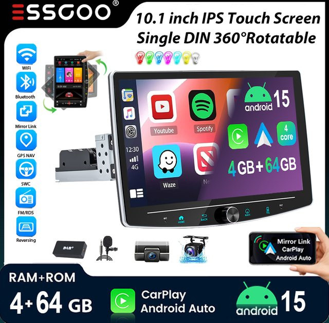 ESSGOO Universal Autoradio mit Android 15, 10.1 Zoll Touchscreen, 4+64 GB, Schwarz, 1 DIN mit 360 Grad drehbarem Display, Wireless CarPlay, Android Auto, GPS, Bluetooth, WiFi und Lenkradsteuerung - Bild 1