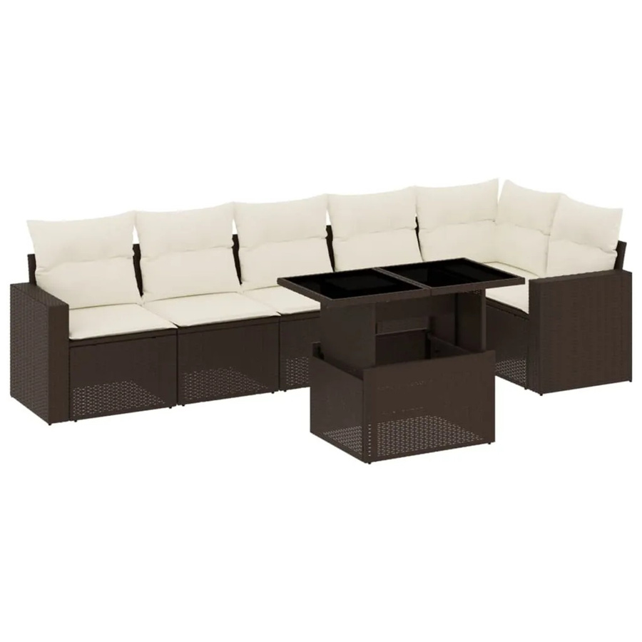 vidaXL 7-tlg. Garten-Sofagarnitur in L-Form aus braunem PE-Rattan mit cremeweißen Kissen und pulverbeschichtetem Stahlgestell - Bild 2