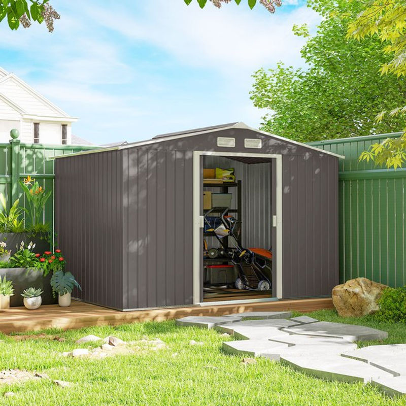 Outsunny Metall Gerätehaus Gartenhaus mit Fundament, wetterfest, Grau, B/T/H: 277 x 195 x 192 cm - Bild 3