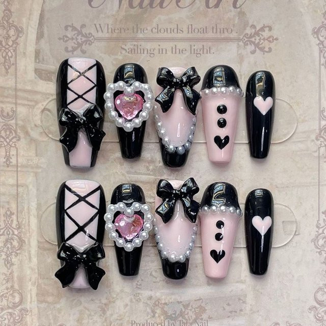 YADORNOS Press On Nails, Ballerina Sarg, rosa schwarz, glänzend - Bild 1
