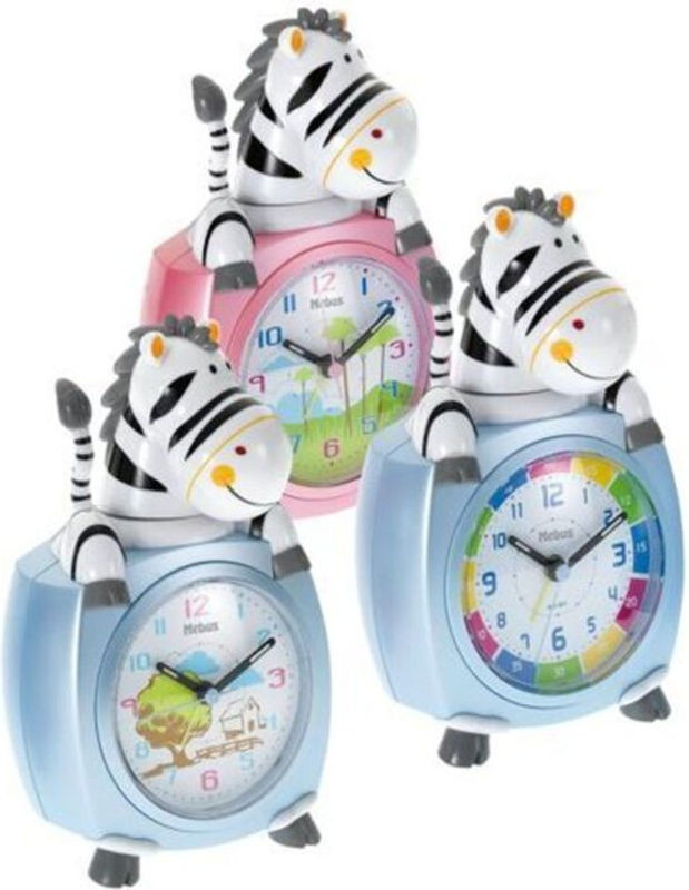 Mebus Kinder-Quarzwecker mit Zebra-Motiv in Rosa, Blau oder Mehrfarbig, analoger Rundwecker aus Kunststoff - Bild 1