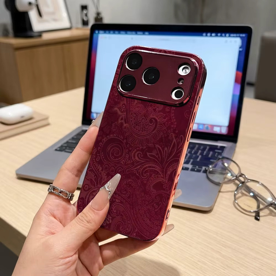 ECOCASE Handyhülle für iPhone 17 16 15 14 13 12 11 Pro Max 16E mit roter galvanisierter Glasschale im Burgunder Paisley Design - Bild 5