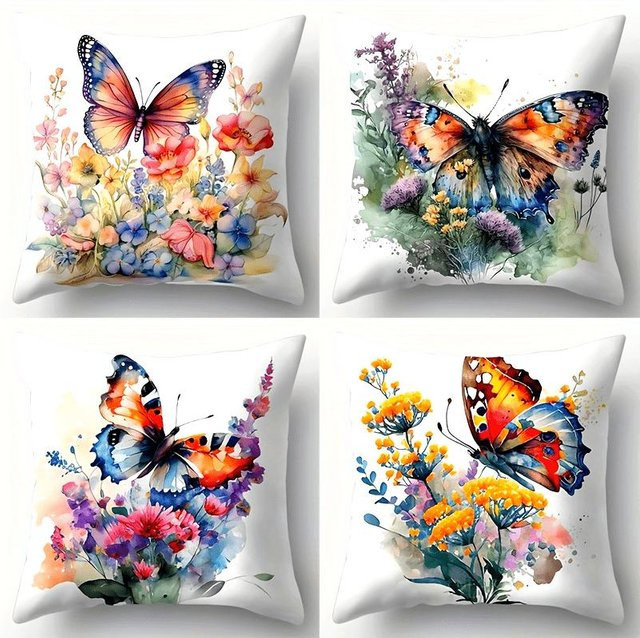 4er-Set dekorative Kissenbezüge mit buntem Schmetterlingsblumen-Print von JMG Clothing, quadratisch, Farbe: Mehrfarbig, B/T/H: 40 x 40 cm - Bild 1