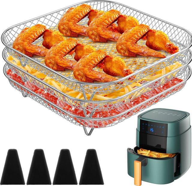Willstar 3-teiliges Airfryer Zubehör Set aus Edelstahl, runde Stapelbare Racks und Tabletts, Silber - Bild 1