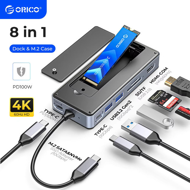 ORICO USB-C Docking Station mit M.2 NVMe/SATA SSD Gehäuse, HDMI 4K 60Hz, 100W PD, RJ45 Ethernet und SD/TF Kartenleser, Grau - Bild 1