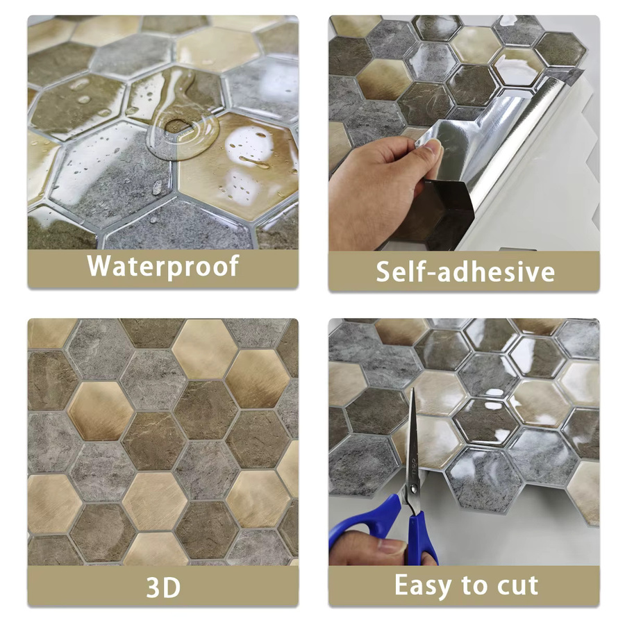 10 Stück selbstklebende 3D-Wandpaneele in Gold mit sechseckigem Steineffekt für dein Wohnzimmer - Bild 3
