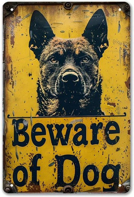 Vintage-Metallschild CIFBUY Beware of Dog mit deutschem Schäferhund als Wanddekoration in Gelb und Orange - Bild 1