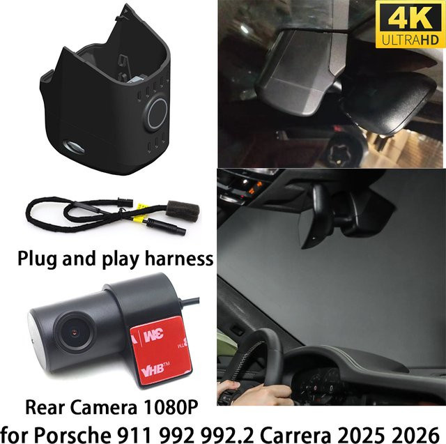 HighCity Dashcam für Porsche 911 992 992.2 Carrera 2025 2026 mit Front- und Heckkamera, WLAN, Nachtsicht und Endlosaufnahme, Schwarz - Bild 1