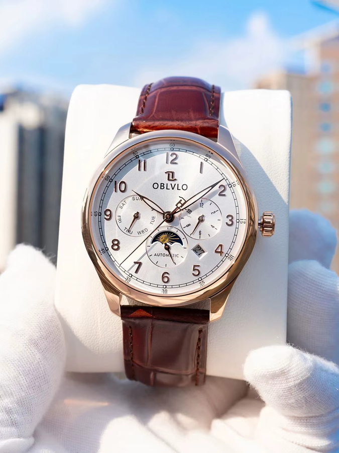 OBLVLO Armbanduhr Automatik, Mondphase, Roségold, Leder, Herren - Bild 5