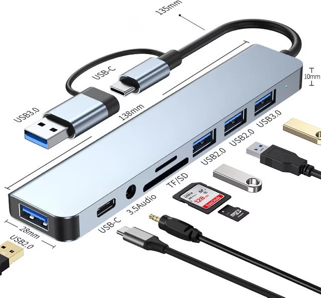 Congdi 8-in-2 USB-C Dockingstation mit USB-Anschlüssen, 3,5-mm-Audio-Klinke und Micro-SD-Kartenleser für Laptop, Tablet und Smartphone - Bild 1