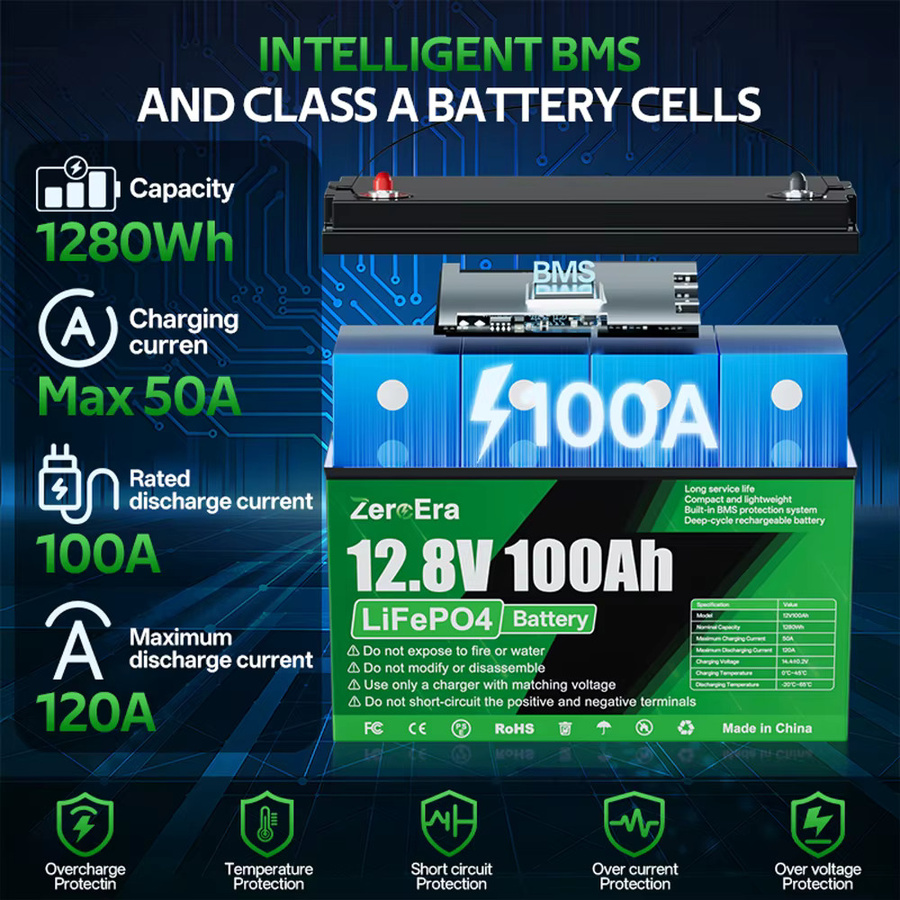 ZeroEra LiFePO4 Batterie 12V 100Ah 1280Wh mit integriertem BMS für Wohnmobile, LKWs und Camper - Bild 2