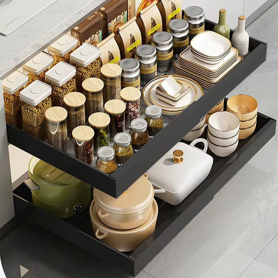 Garvee Ausziehbarer Schrank-Organizer Schwarz, Verstellbares Schwerlast-Schieberegal für Küchenschrank, Speisekammer und Badezimmer, Breite: 43,5-68 cm - Bild 6