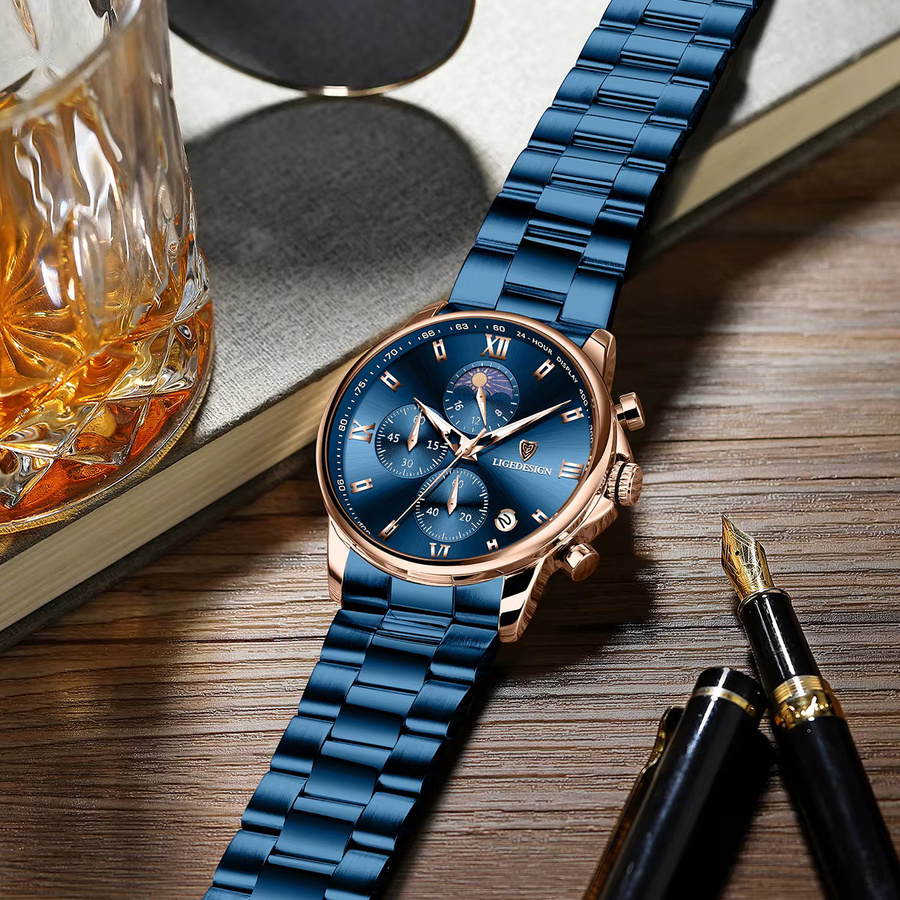 LIGE Armbanduhr Edelstahl, Quarz, Blau, Silber, Herren - Bild 4