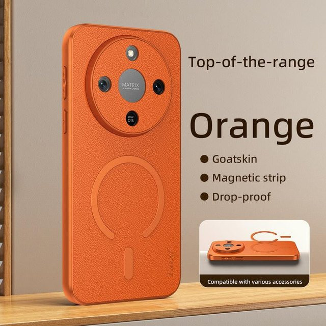 Magnetische Ring-Handyhülle aus Ziegenleder für Honor Magic 8 Lite und Honor X9d in Orange - Bild 1