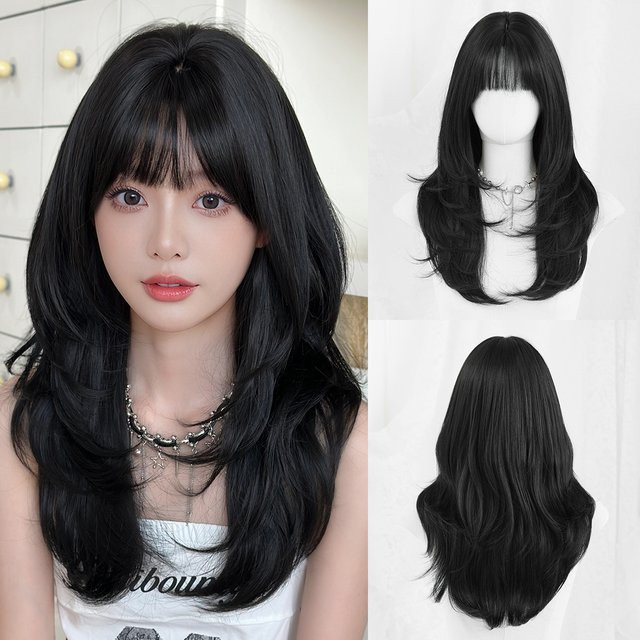 7JHH WIGS Perücke für Damen, schwarz, lang, gerade, geschichtet, mit Pony - Bild 1