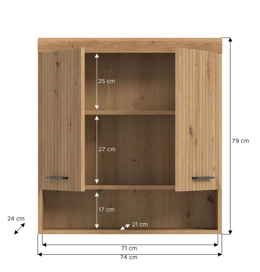 Badezimmer Hängeschrank Shawn in Eiche, Wandmontage, Farbe Braun, B/H: 74 x 79 cm - Bild 2