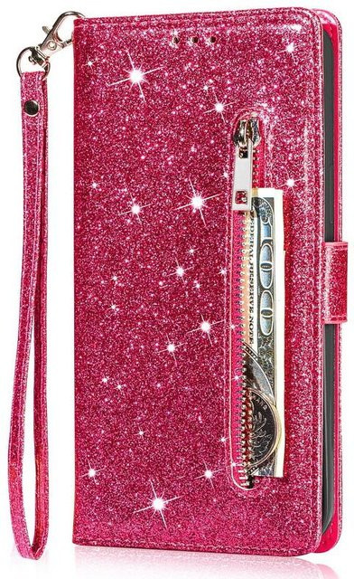 Glitzer-Portemonnaie Lederhülle mit Reißverschluss für Samsung Galaxy S25 S26 S24 S23 Ultra S21 FE S20 FE A16 A17 A36 A34 A35 A37 5G A52 A53 A54 A55 A56 A57 in Rosa - Bild 1