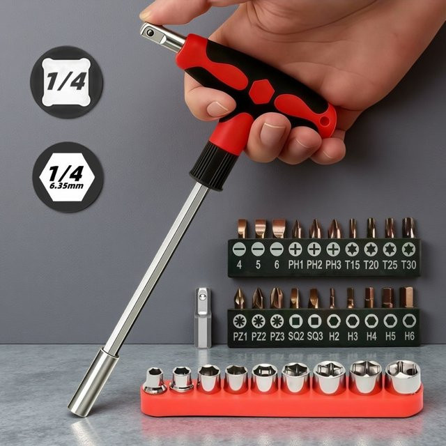 Probon T-Griff-Schraubendreher-Set mit Kreuz-, Schlitz-, Sechskant- und Torx-Köpfen sowie Steckschlüsselsatz in Rot - Bild 1