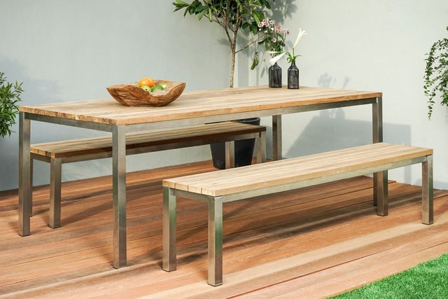OUTFLEXX Garten-Essgruppe aus Edelstahl und recyceltem Teakholz in Grau und Braun mit Tisch und 2 Bänken, Tisch B/T/H: 180 x 90 x 76 cm - Bild 1