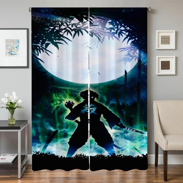 2-teiliges Set Verdunkelungsvorhänge D-Dämon S-Slayer Design in Blau für Wohnzimmer, Küche und Schlafzimmer, Breite: 50 cm, Höhe: 70 cm - Bild 1