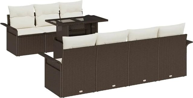 vidaXL Garten-Sofa-Set aus Poly-Rattan in Braun, 8-teiliges L-Shape Lounge-Set mit Kissen und Tisch - Bild 1