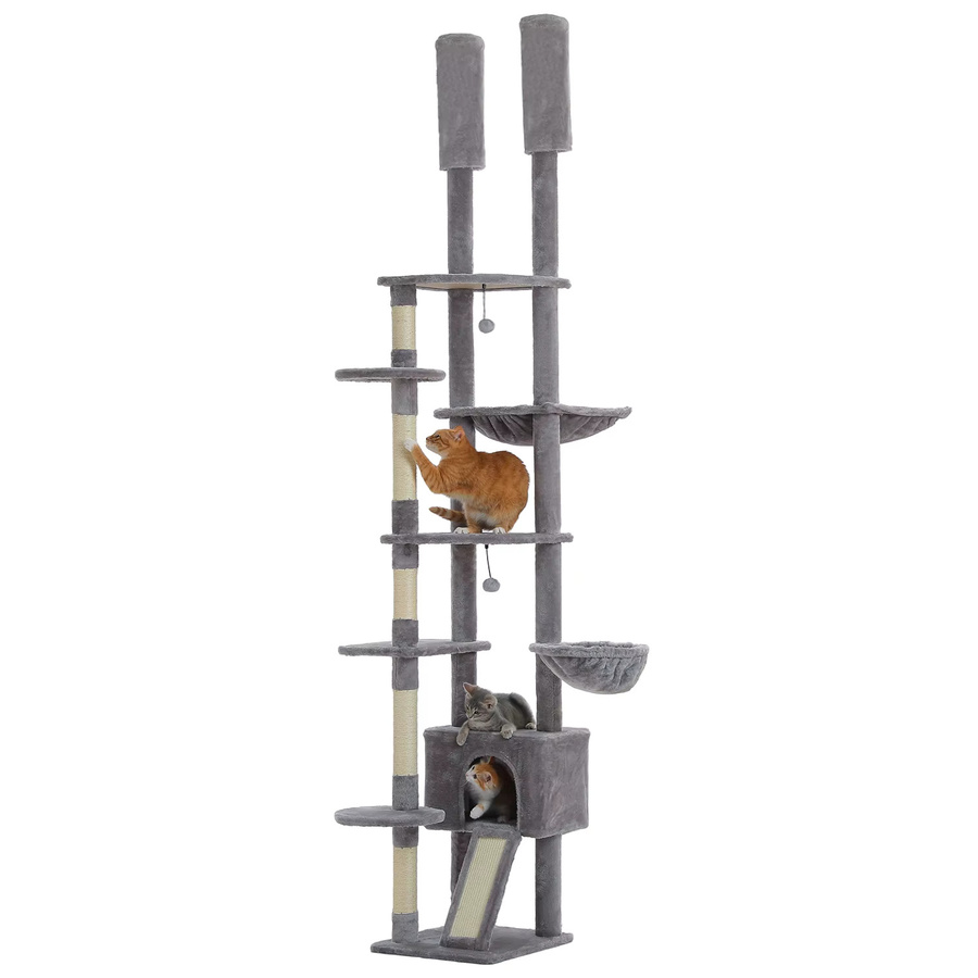 PAWZ Road Höhenverstellbarer Katzenturm in Grau mit Sisal-Kratzstamm, Hängematte, Katzenhöhle und integriertem Spielzeug - Bild 2