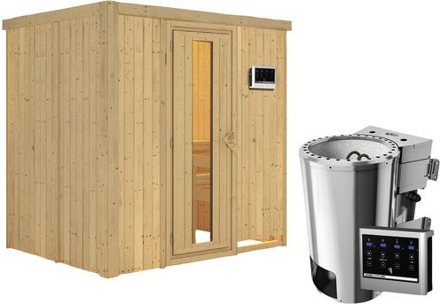 Karibu Sauna Tuckum aus Fichtenholz in Beige inklusive 3,6 kW Saunaofen mit externer Steuerung für 3 Personen, B/T/H: 202,0 x 165,0 x 184,0 cm - Bild 1