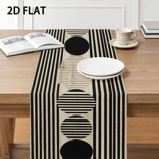 Moderner geometrischer Tischläufer von JINGYUE Pet mit schwarz-weiß gestreiftem Kreisdesign, B/H: 140 x 40 cm - Bild 1