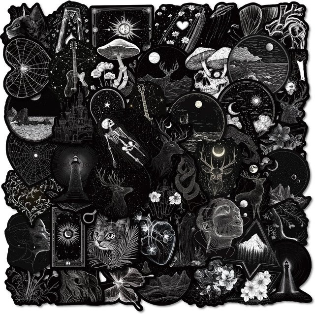 50 Stück Gothic Aufkleber von Rui Di in Schwarz-Weiß mit Totenkopf-Motiven, wasserfeste Sticker für Wasserflaschen und Handys - Bild 1