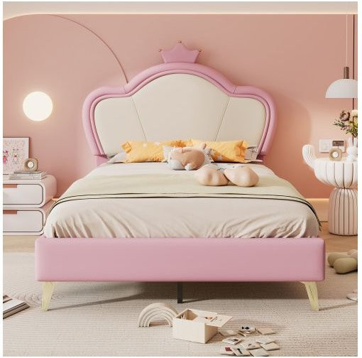 Gepolstertes Einzelbett MUVOE in Rosa und Weiß mit Metall- und Holzgestell, B/T: 90 x 200 cm - Bild 1