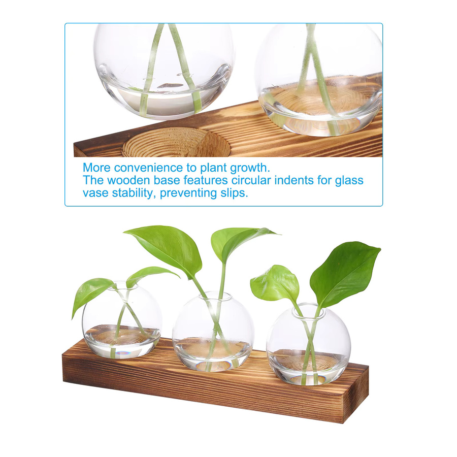 UXCELL Glasvasen mit Holztablett, Set aus 3 transparenten Blumenvasen für die Pflanzenvermehrung und Tischdekoration - Bild 2