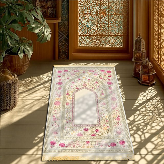 VIKAMA Gebetsteppich mit Blumenbogen-Design in Rosa-Gold, rutschfester orientalischer Teppich für Schlafzimmer und Wohnzimmer - Bild 1