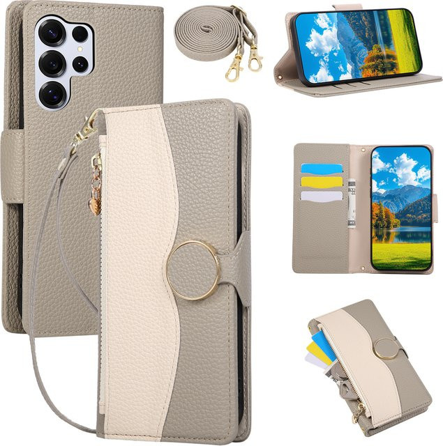 Leder-Handyhülle mit Handschlaufe und Kartenfunktion für Samsung Galaxy S25 Edge S24 Ultra S23 S22 Plus S21 FE Note 20 als Umhängetasche in Blau oder Pink - Bild 1
