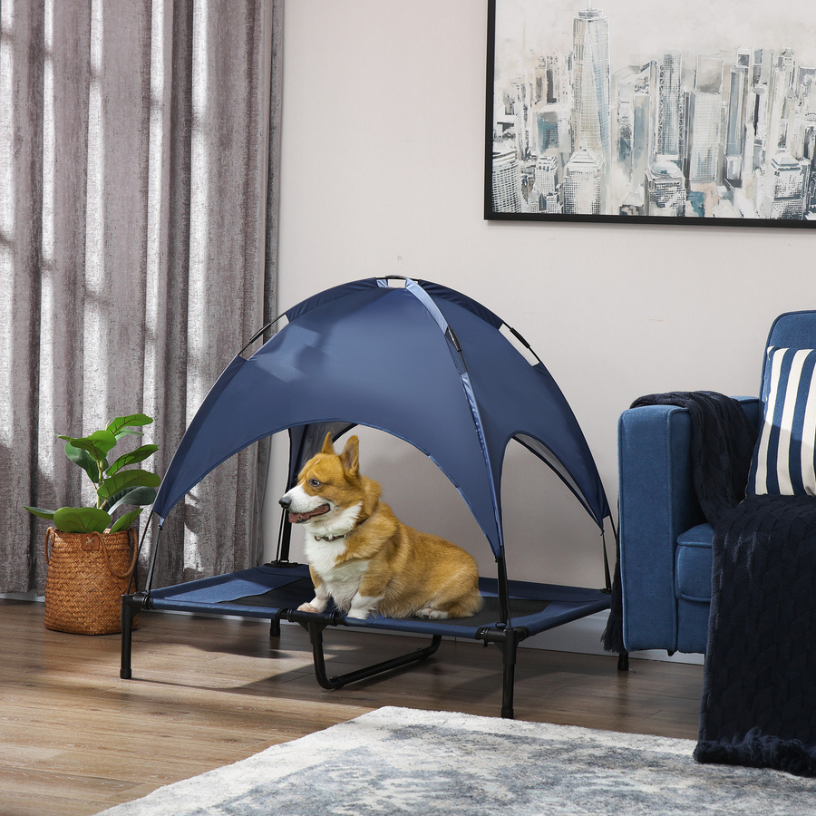 PawHut Hundebett mit Baldachin und erhöhtem Boden in Dunkelblau und Schwarz aus Polyester, B/H/L: 76 x 92 x 90 cm - Bild 2