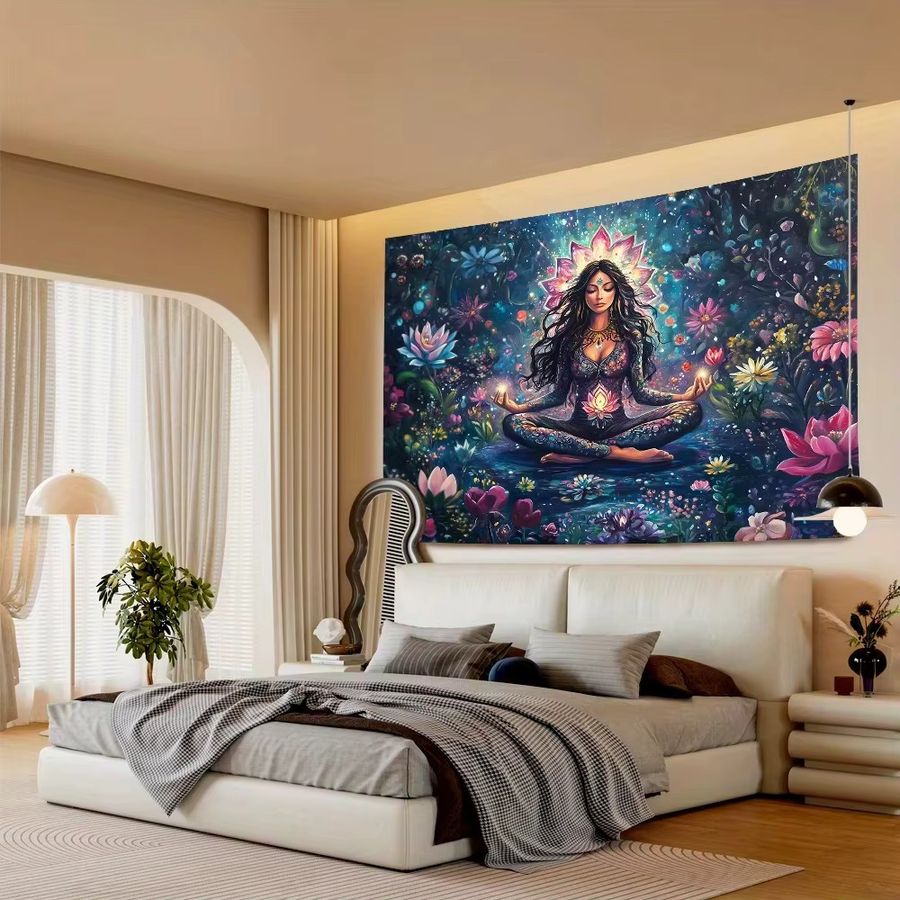VIKAMA Meditation Lotus Wandteppich mit Lotusblume für dein Yoga- und Zen-Zimmer als spirituelle Wanddekoration - Bild 2