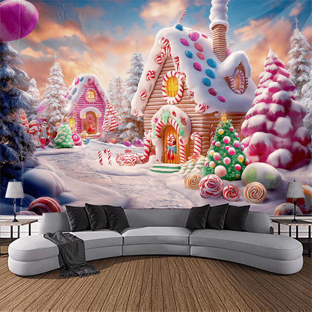 VIKAMA Weihnachts-Wandteppich mit Motiv Süßigkeitshaus und Blockhütte, Mehrfarbig, B: 60 cm, H: 40 cm - Bild 1
