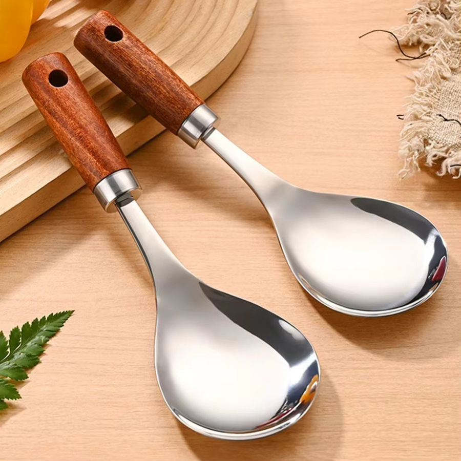 Venlohome Edelstahl-Reislöffel mit Holzgriff in Silber und Braun, hitzebeständiger Reiswaschlöffel und Spatel mit ovaler Form, Länge: 22,5 cm, Breite: 7,5 cm - Bild 4