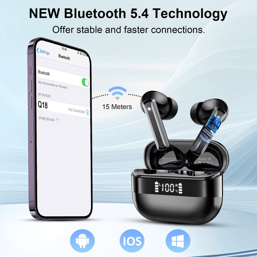 Kuizil Q18 Bluetooth 5.4 Ohrhörer in Schwarz mit LED-Anzeige, 40 Stunden Spielzeit, IP7 Wasserdichtigkeit, HiFi-Sound und ENC-Mikrofon sowie Touch-Control - Bild 5