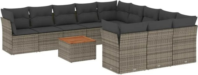 vidaXL 12-tlg Garten-Sofagarnitur aus Poly-Rattan und Akazienholz in Grau mit Kissen Modell 42 - Bild 1