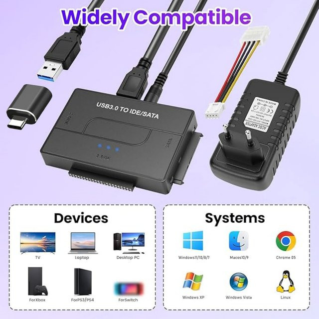 Congdi USB 3.0 zu IDE und SATA Adapter, Universeller Konverter für 2,5 und 3,5 Zoll HDD SSD, Schwarz - Bild 1