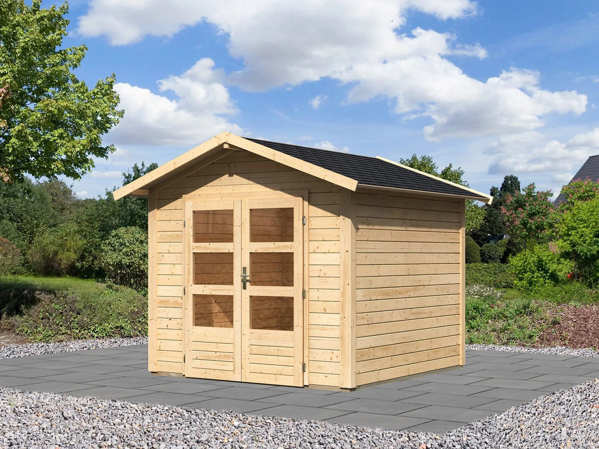 KARIBU Carlos Satteldach Gartenhaus aus Fichtenholz mit Boden und Schindeln, naturbelassen, B: 244 cm, H: 230 cm, T: 244 cm - Bild 1