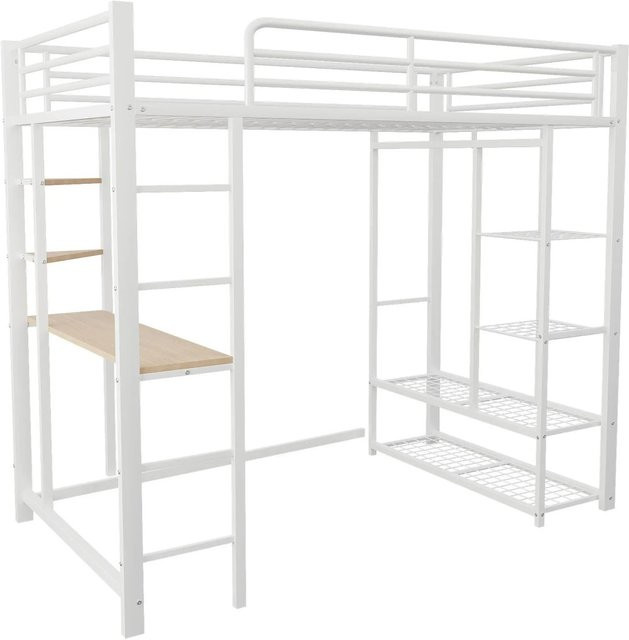 Merax Hochbett mit Tisch, Ablage und Leiter in Weiß, B/T/H: 90 x 200 x 180 cm - Bild 1