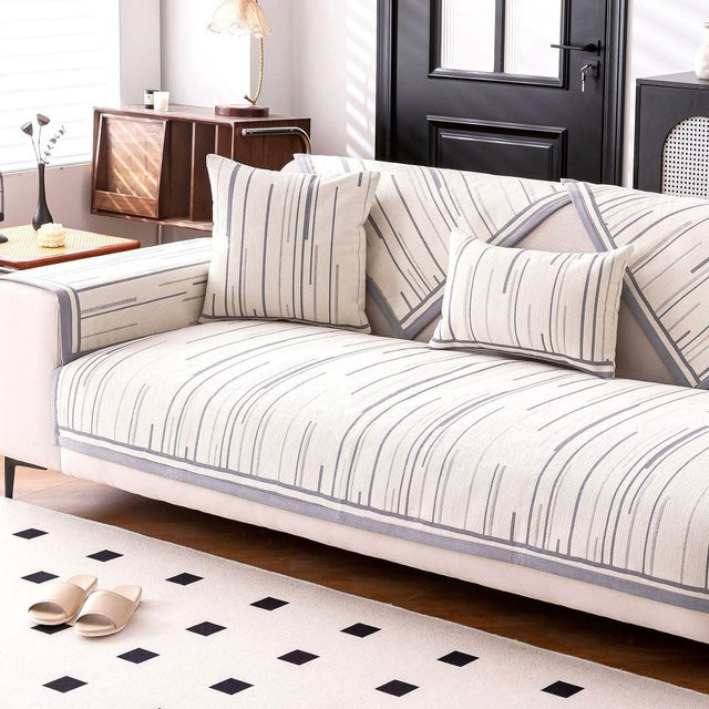 Chenille Sofaüberwurf mit Streifenmuster und schwarzer Bordüre, weiß, B/B/H: 70 x 70 x 0 cm - Bild 1