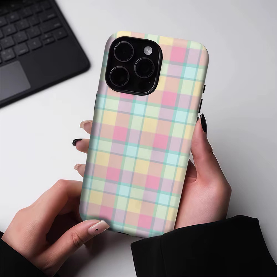 Robuste doppelschichtige Handyhülle mit Pastellkaromuster für iPhone 17 16 15 14 13 Pro Max Plus inklusive Magnetfunktion, Mehrfarbig - Bild 2