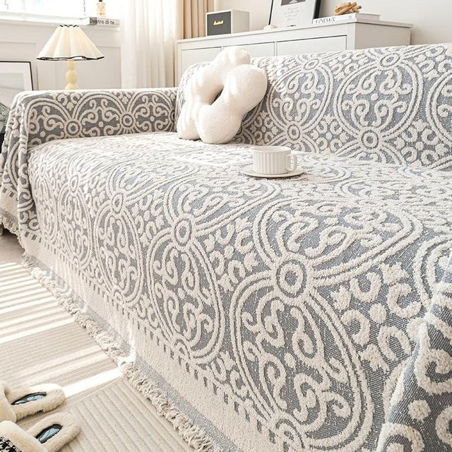 Nordische Quasten-Überwurfdecke mit geometrischem Muster in Grau aus Baumwolle und Polyester, B/B: 180 x 130 cm - Bild 1