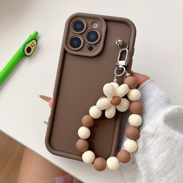 Koreanische Handyhülle mit braunem Blumen-Lanyard für Apple iPhone 11 bis iPhone 17 Pro Max - Bild 1