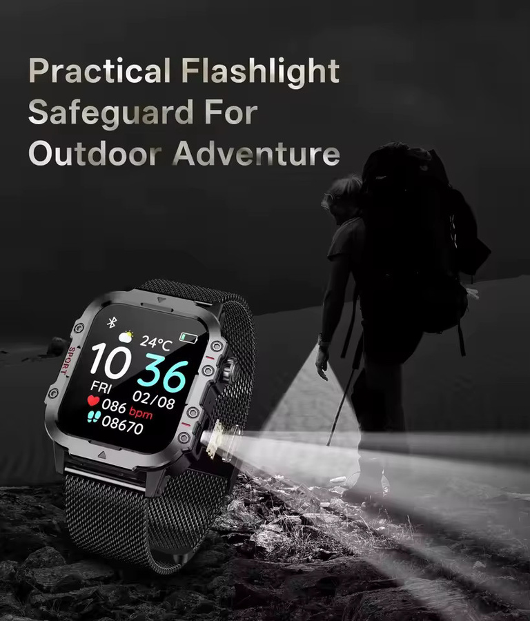 Ola Esporte Outdoor-Sport-Smartwatch für Damen und Herren in Schwarz mit 2,01 Zoll Display, GPS-Tracker, LED-Taschenlampe, Bluetooth-Anruffunktion und wasserfestem Gehäuse - Bild 4